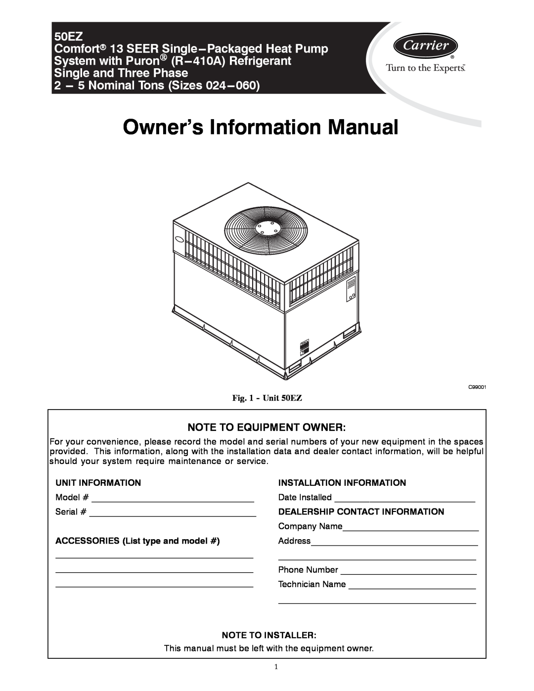 Carrier manual Unit 50EZ, Owner’s Information Manual, 50EZ Comfortr 13 SEER Single---PackagedHeat Pump 