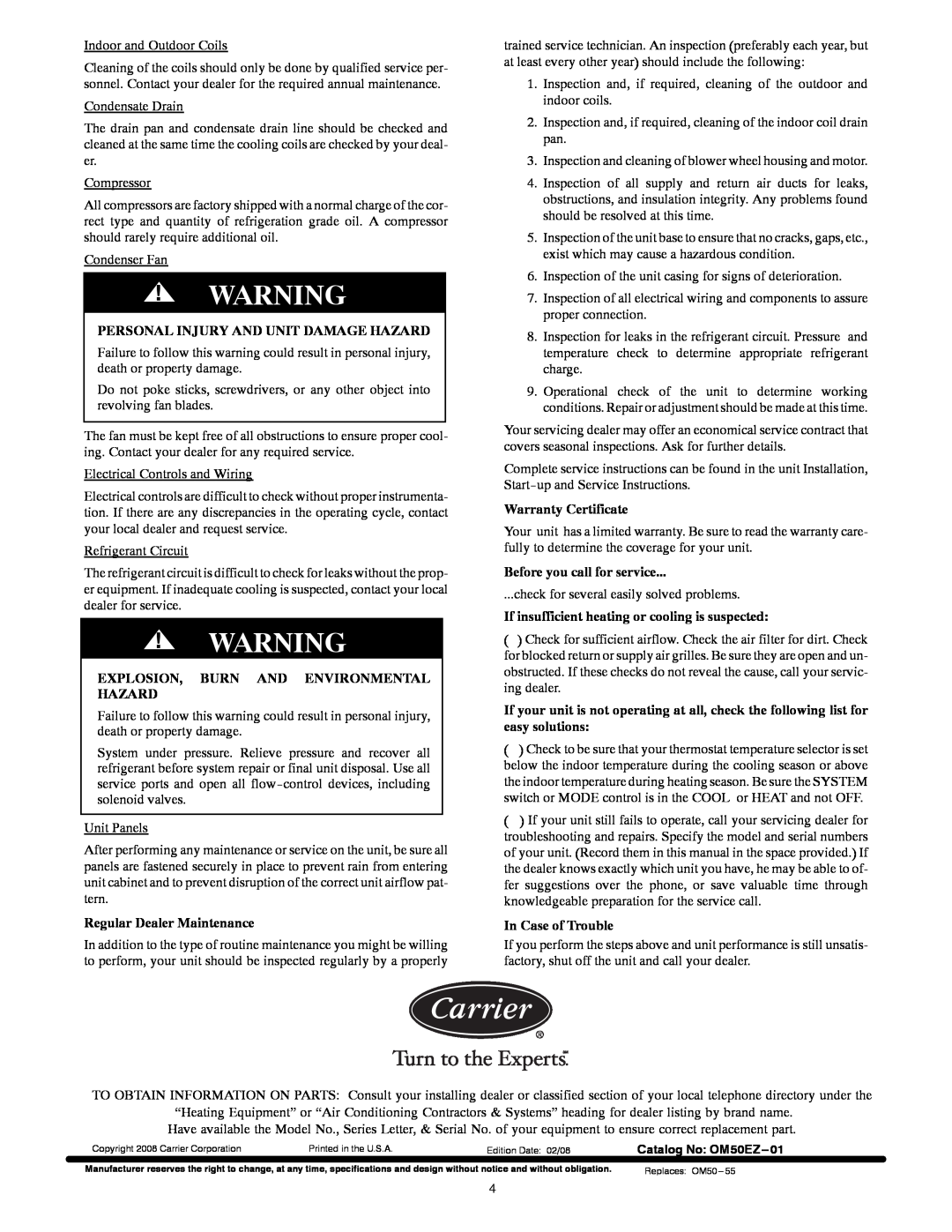 Carrier 50EZ Personal Injury And Unit Damage Hazard, Explosion, Burn And Environmental Hazard, Regular Dealer Maintenance 