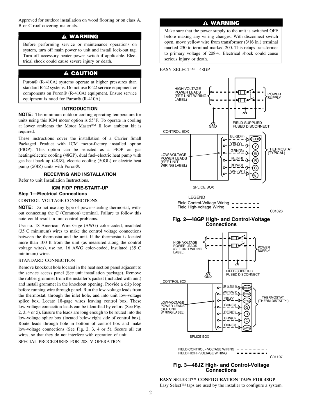 Carrier 48GP (N) 024-060, 50GL 024-060, 48JZ (N) 024-060 Easy SELECT-48GP, Control Voltage Connections, Standard Connection 