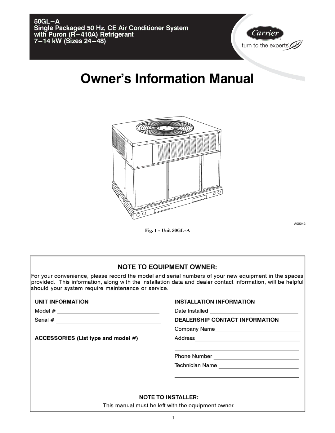 Carrier 50GL-A manual Owner’s Information Manual 