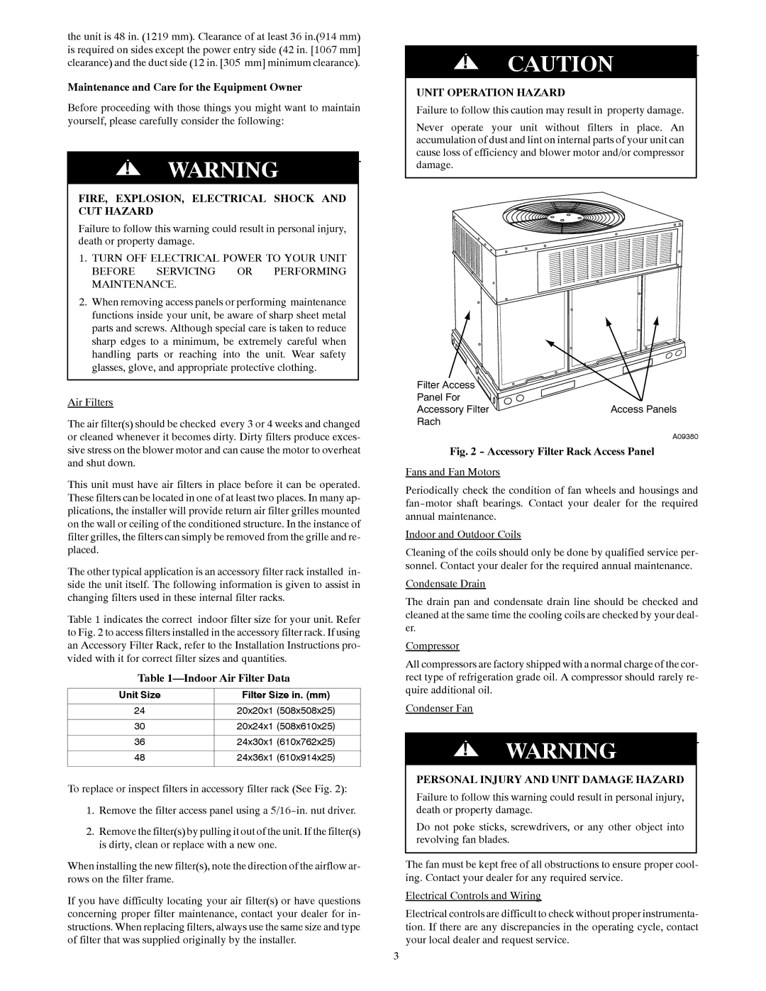 Carrier 50GL-A manual Maintenance and Care for the Equipment Owner, FIRE, EXPLOSION, Electrical Shock and CUT Hazard 