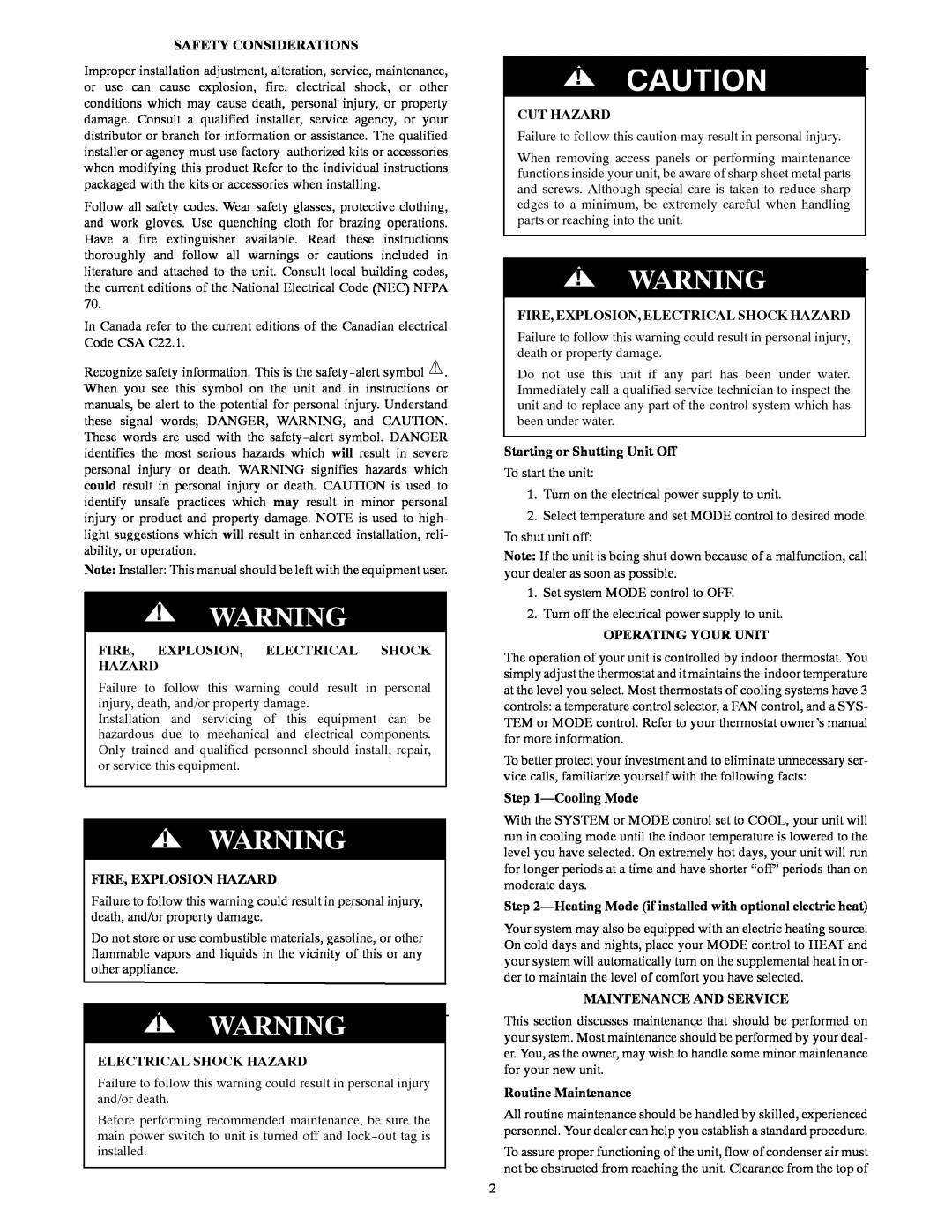 Carrier 50GL-A manual Safety Considerations, Fire, Explosion, Electrical Shock Hazard, Fire, Explosion Hazard, Cut Hazard 