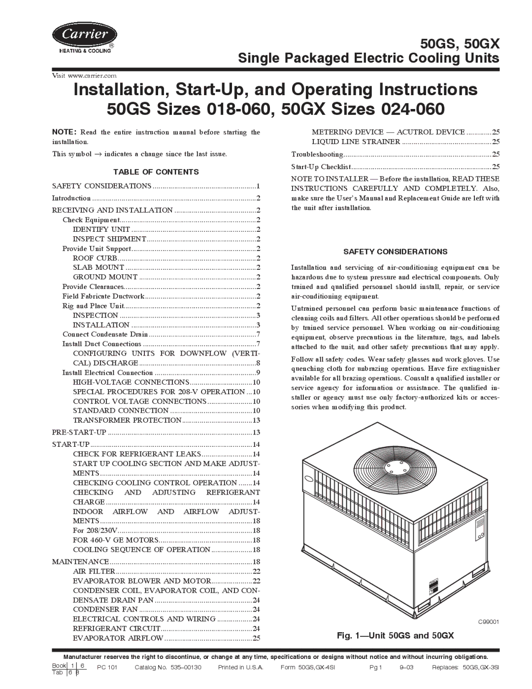 Carrier 50GX, 50GS instruction manual Table of Contents, Safety Considerations 