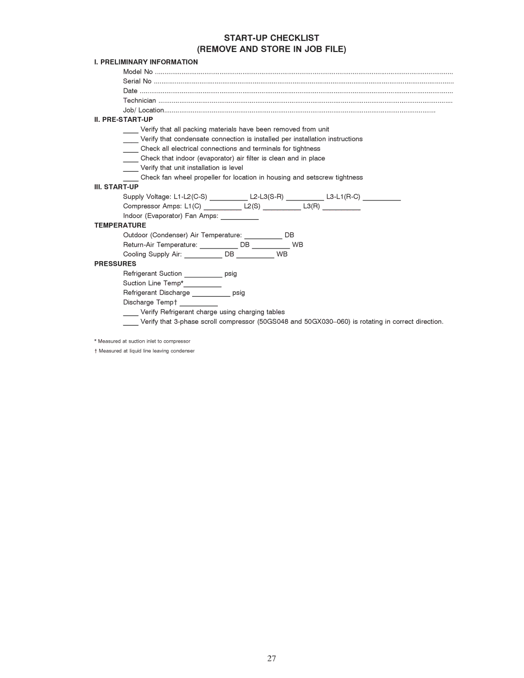 Carrier 50GX, 50GS instruction manual START-UP Checklist Remove and Store in JOB File 