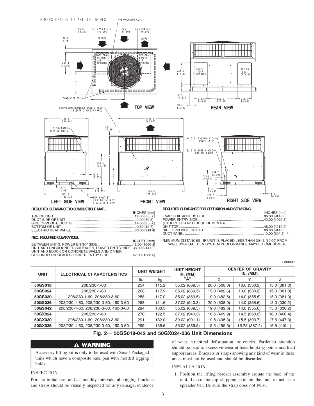 Carrier instruction manual 50GS018-042 and 50GX024-036 Unit Dimensions, Installation Inspection 