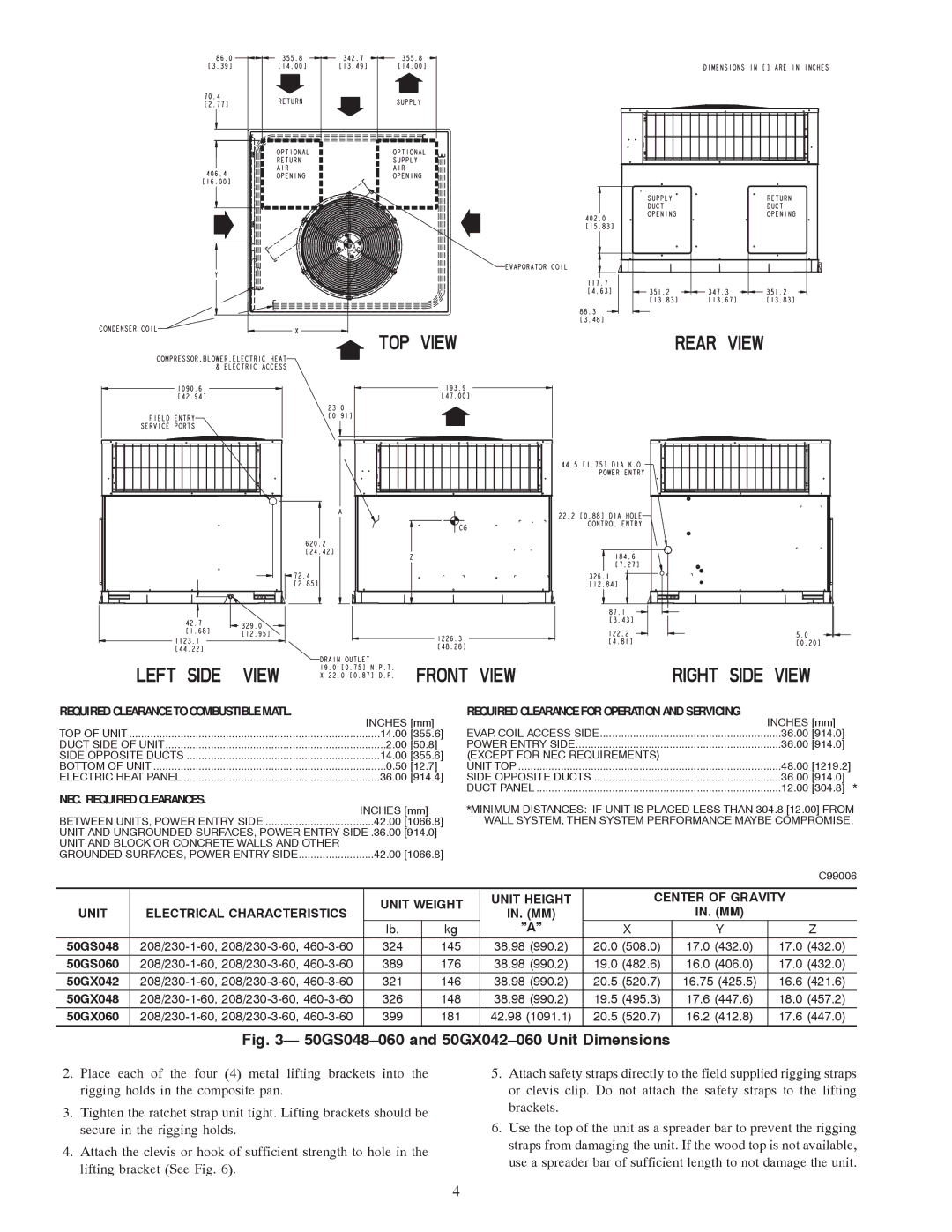 Carrier instruction manual 50GS048-060 and 50GX042-060 Unit Dimensions 