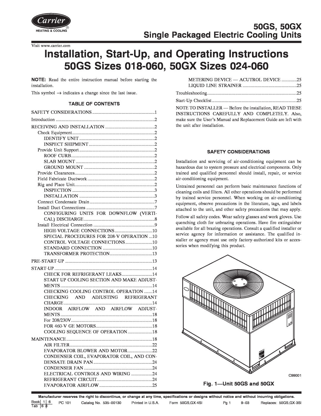 Carrier instruction manual Unit50GS and 50GX, Table Of Contents, Safety Considerations, 50GS Sizes 018-060,50GX Sizes 