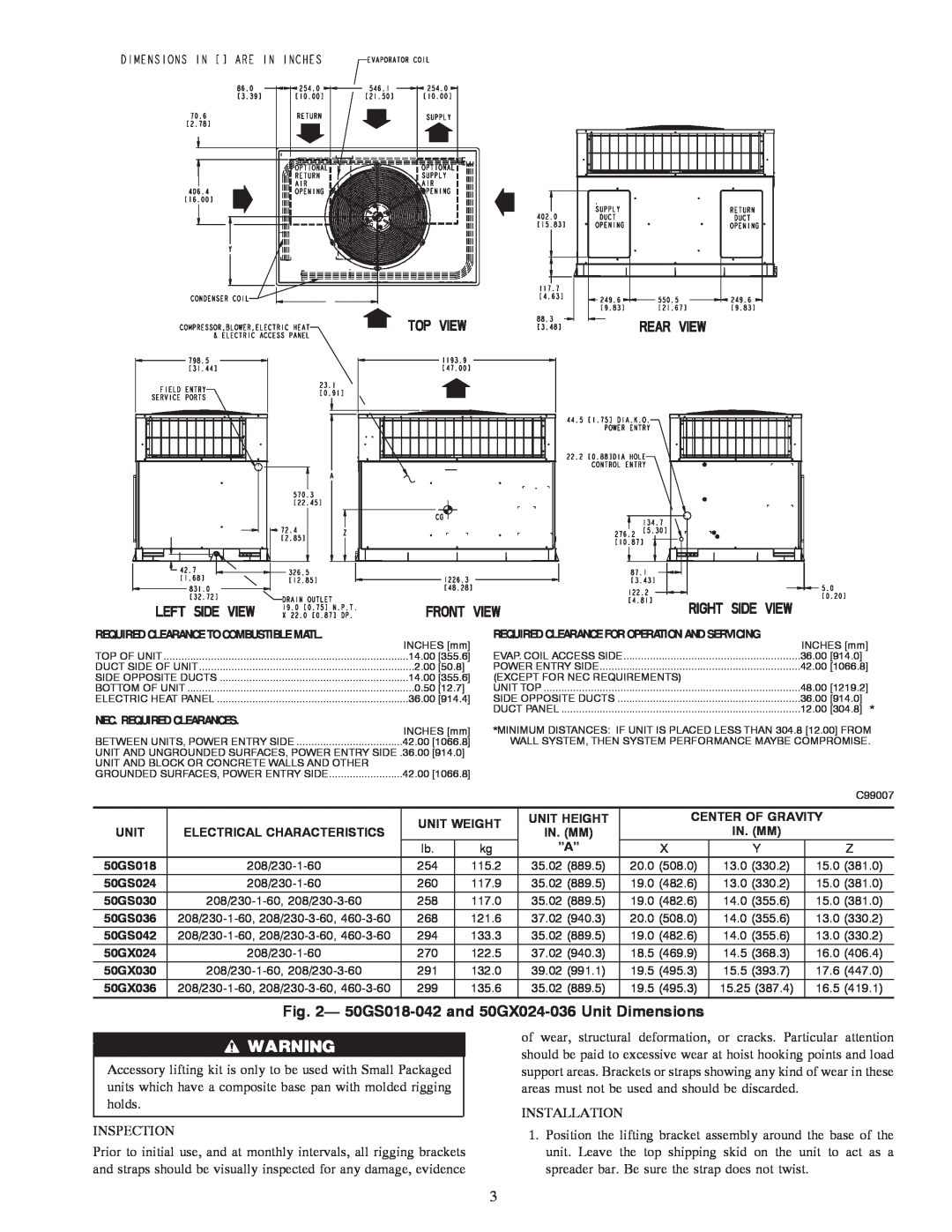 Carrier instruction manual 50GS018-042and 50GX024-036Unit Dimensions 