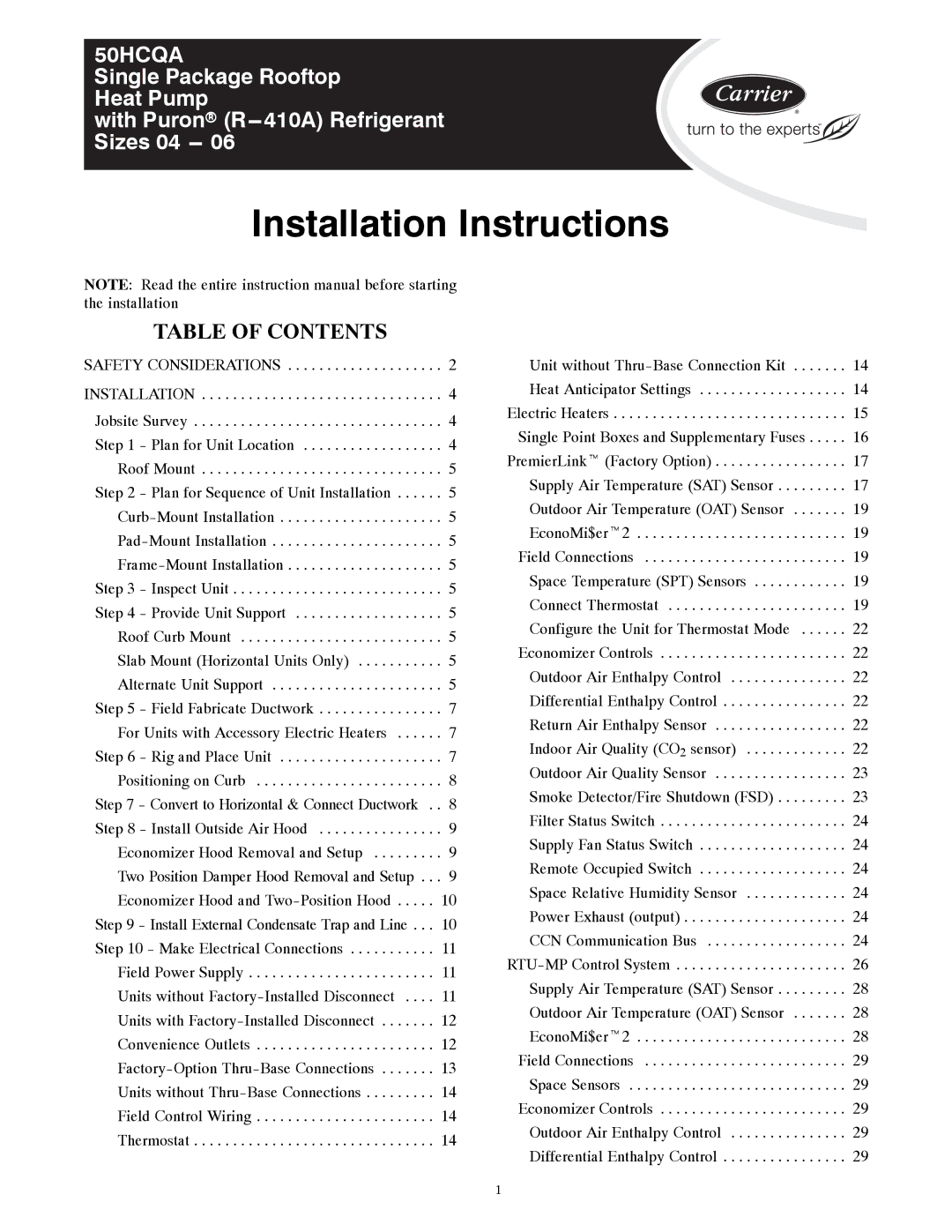 Carrier 50HCQA installation instructions Installation Instructions 