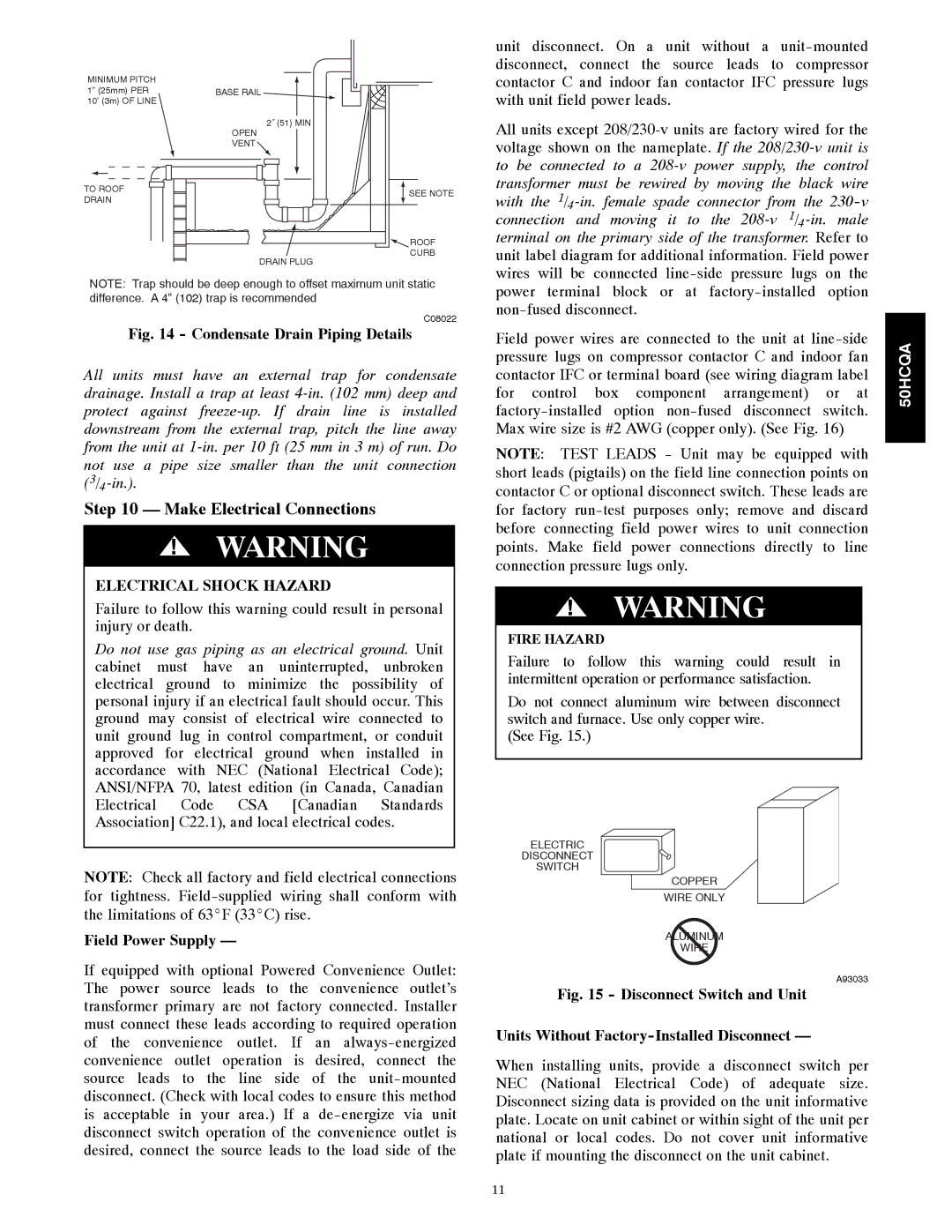 Carrier 50HCQA installation instructions Make Electrical Connections, Field Power Supply 