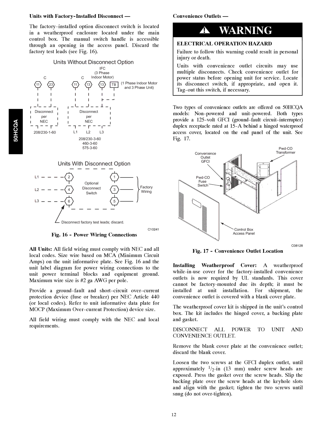 Carrier 50HCQA installation instructions Units with Factory-Installed Disconnect, Convenience Outlets 