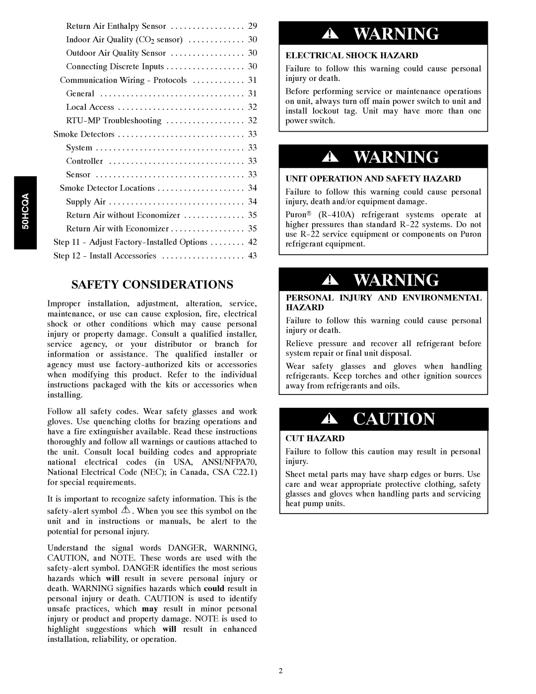 Carrier 50HCQA installation instructions Safety Considerations 