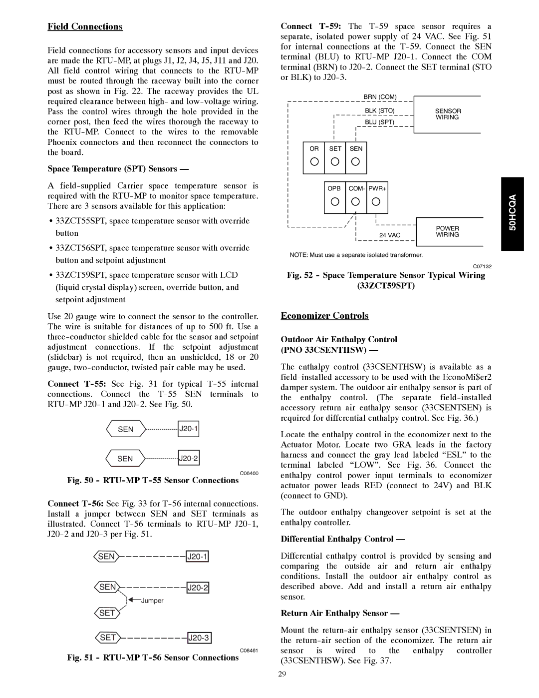 Carrier 50HCQA installation instructions Space Temperature Sensor Typical Wiring 33ZCT59SPT 