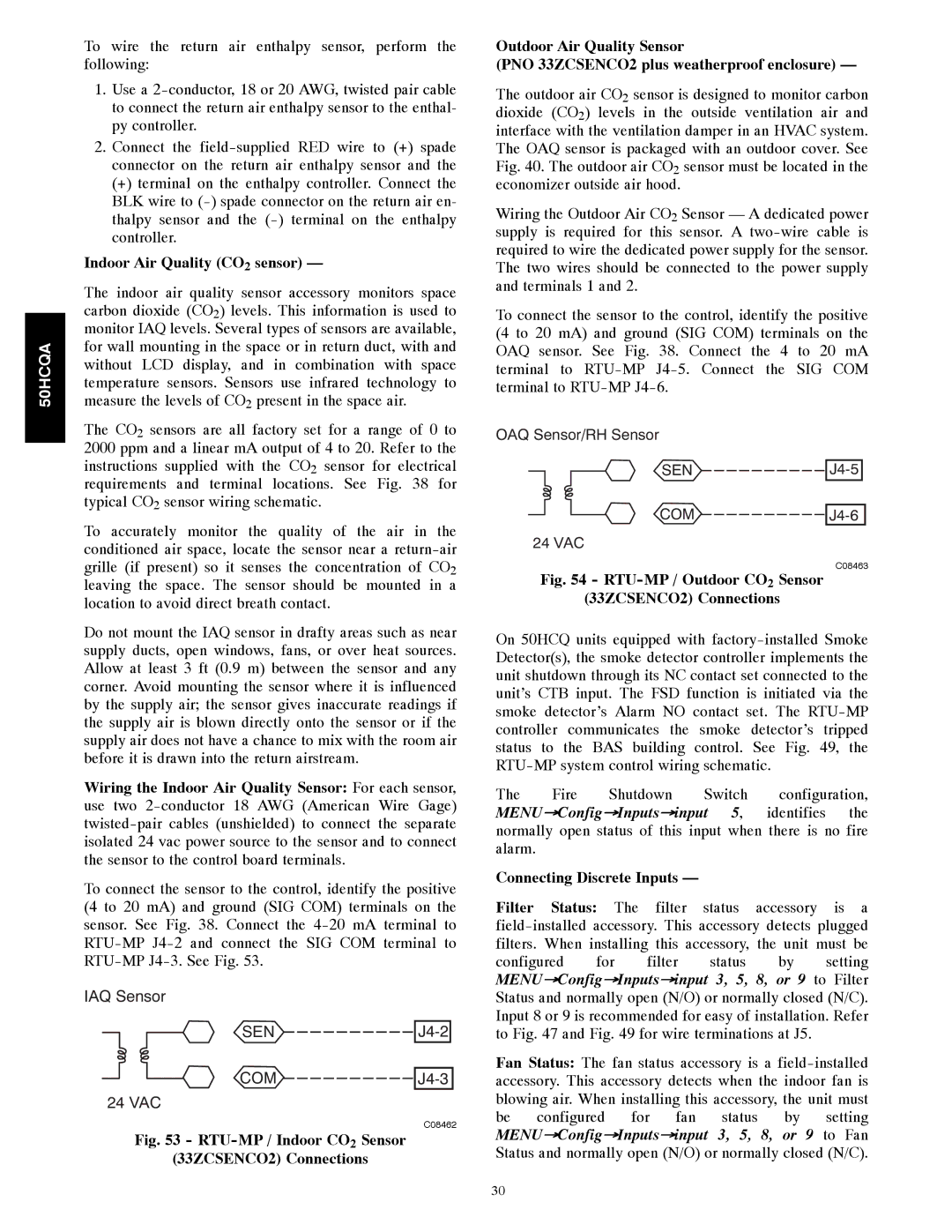 Carrier 50HCQA installation instructions RTU-MP / Outdoor CO2 Sensor 33ZCSENCO2 Connections, Connecting Discrete Inputs 