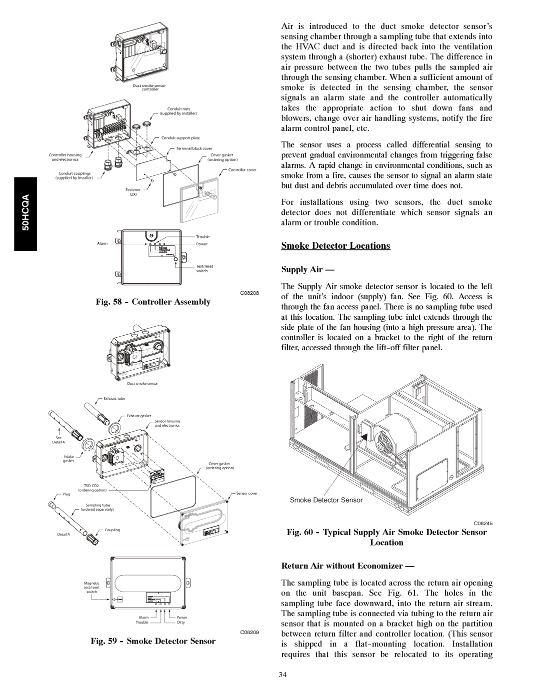 Carrier 50HCQA installation instructions Smoke Detector Locations, Supply Air 