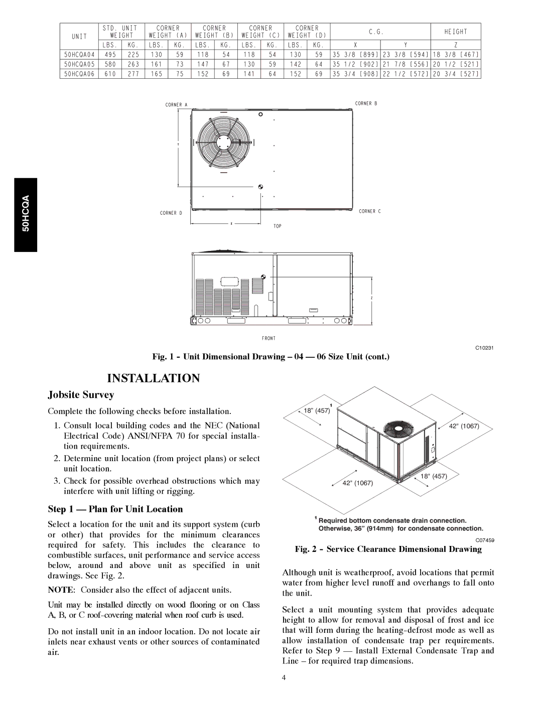 Carrier 50HCQA installation instructions Plan for Unit Location, Unit Dimensional Drawing 04 06 Size Unit 