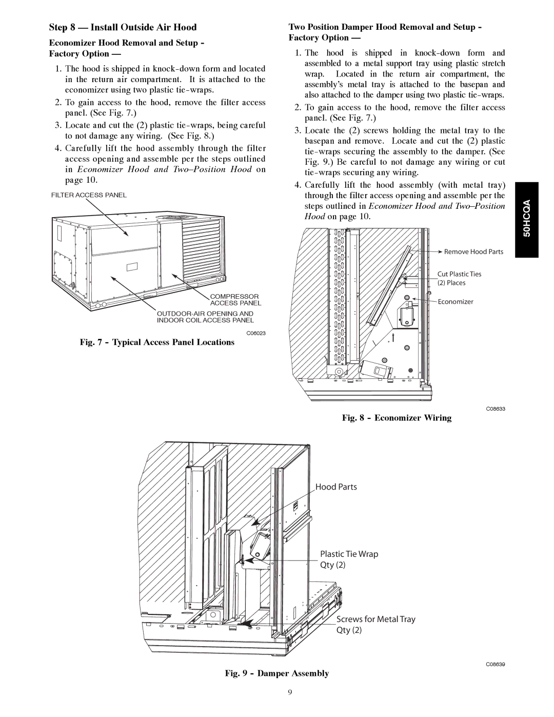 Carrier 50HCQA installation instructions Install Outside Air Hood, Economizer Hood Removal and Setup Factory Option 