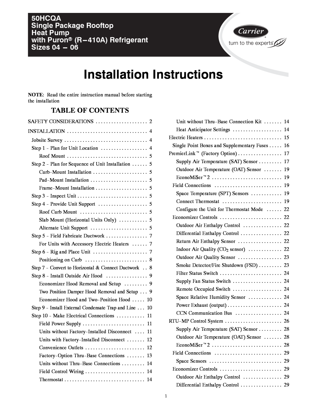 Carrier 50HCQA installation instructions Table Of Contents, Installation Instructions 