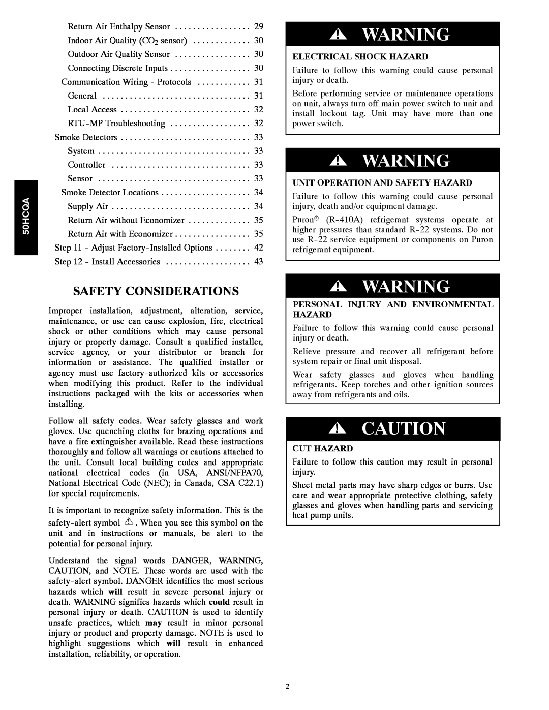 Carrier 50HCQA Safety Considerations, Electrical Shock Hazard, Unit Operation And Safety Hazard, Cut Hazard 