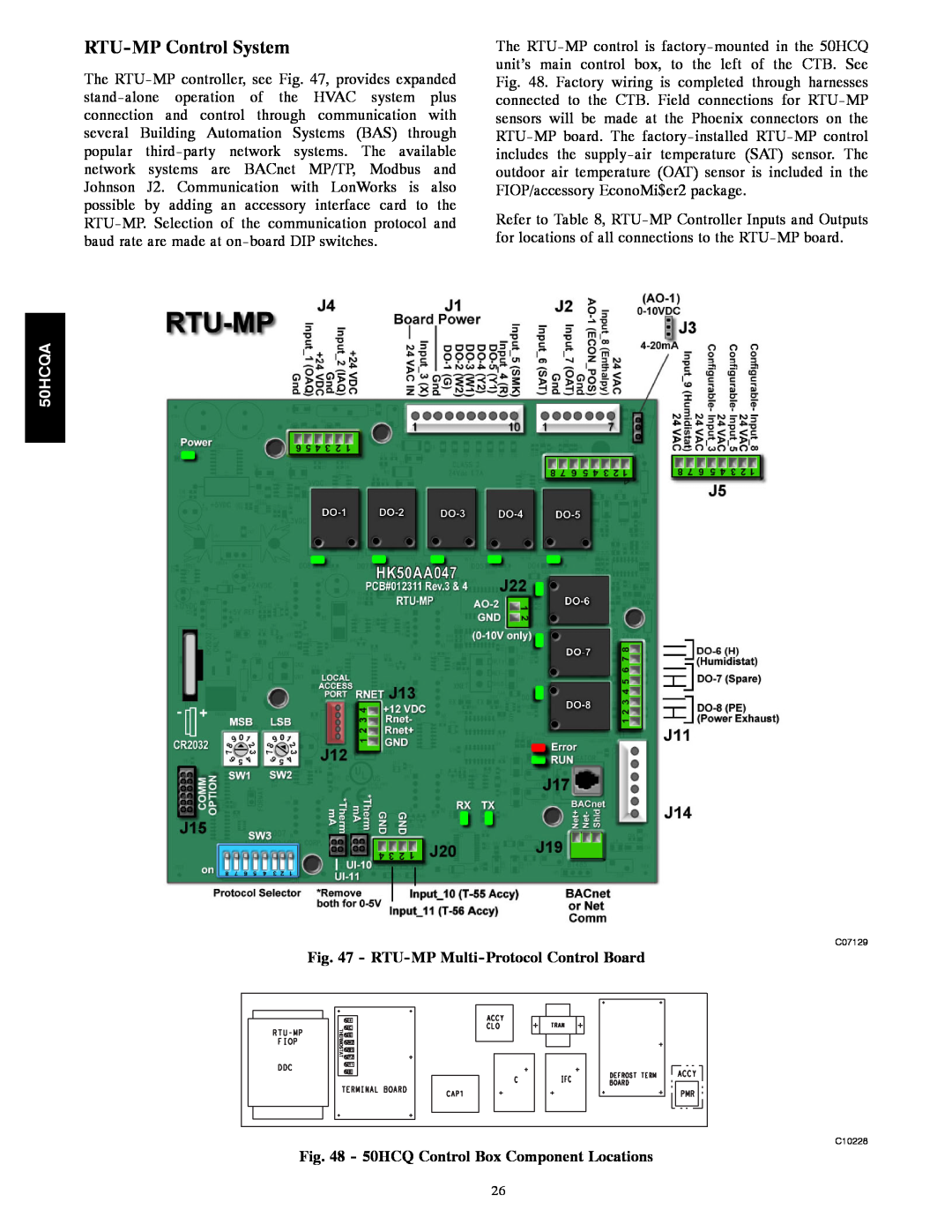 Carrier 50HCQA RTU-MPControl System, RTU-MP Multi-ProtocolControl Board, 50HCQ Control Box Component Locations 