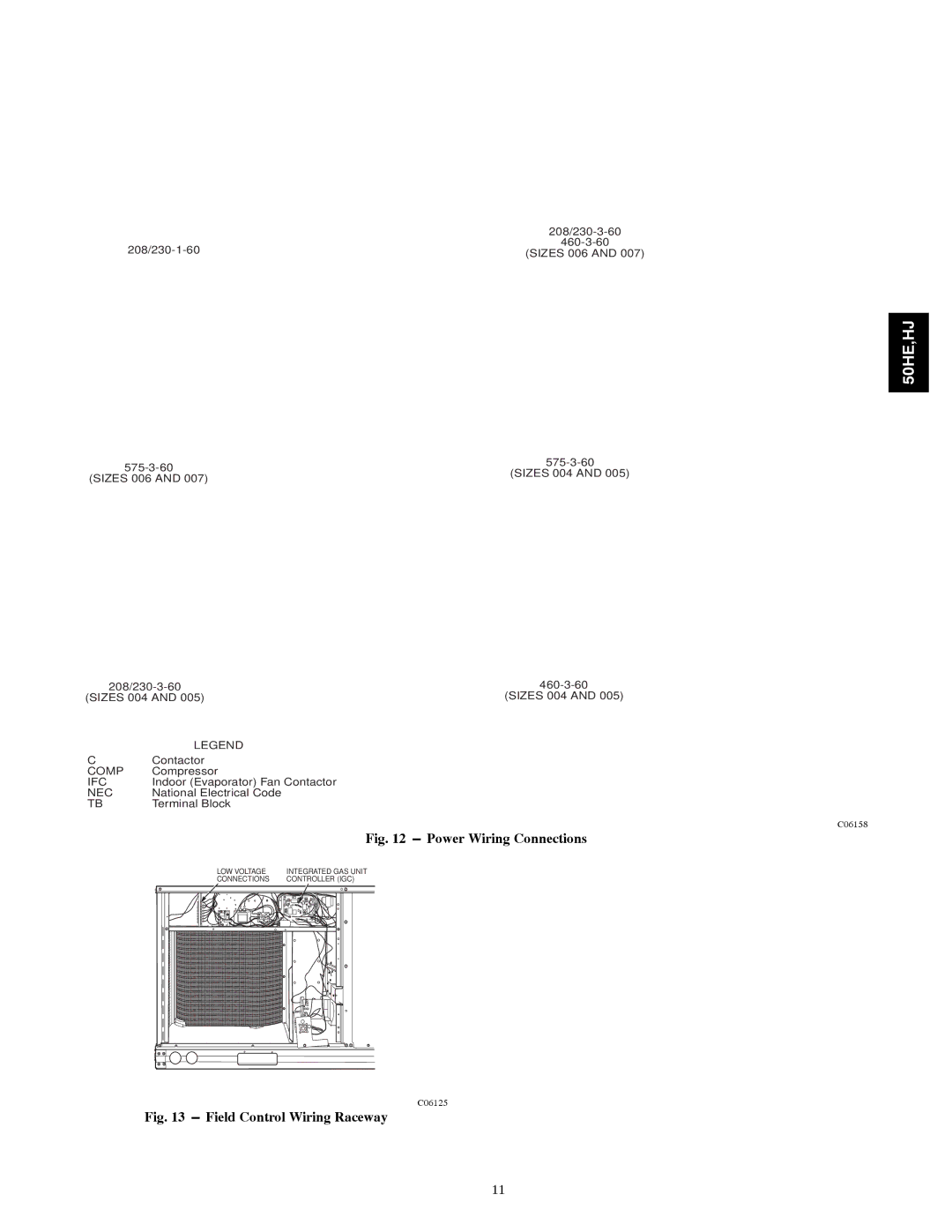 Carrier 50HJ004, 50HE003-006 installation instructions Power Wiring Connections 