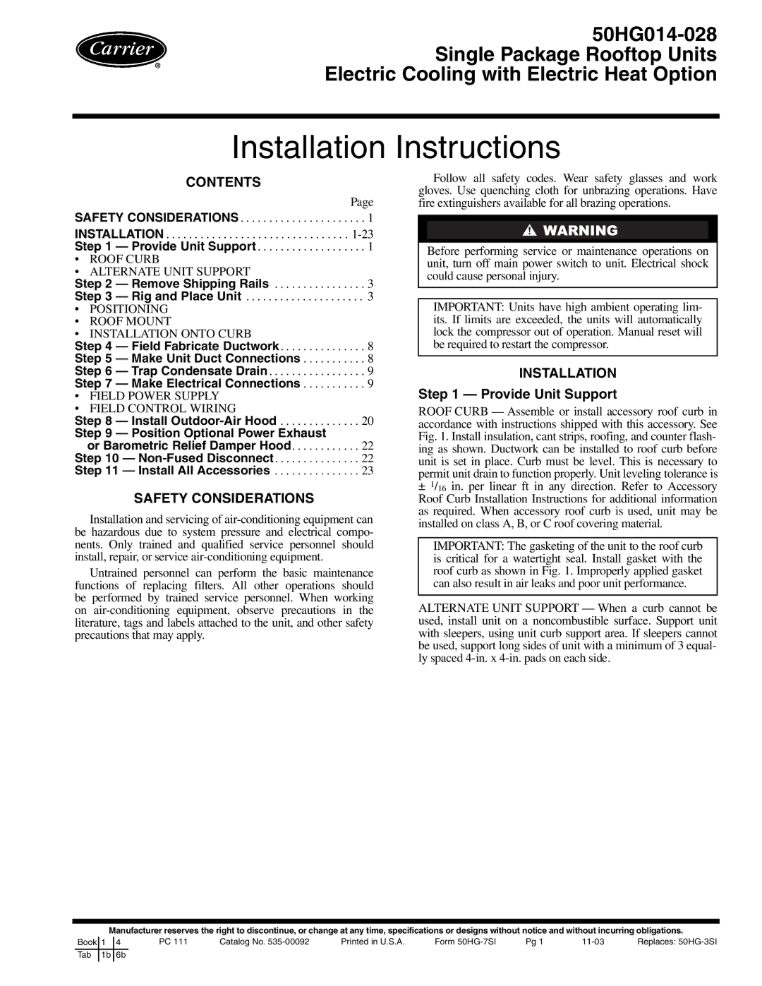 Carrier 50HG014-028 installation instructions Installation Instructions 