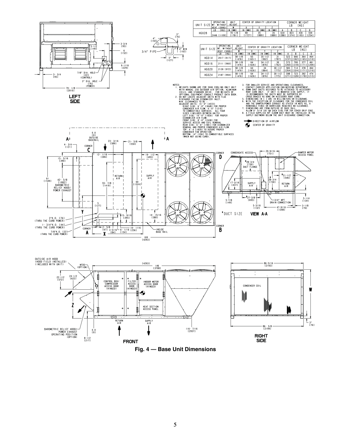 Carrier 50HG014-028 installation instructions Base Unit Dimensions 