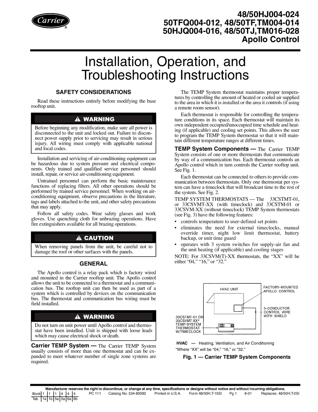 Carrier 48/50TF, 50HJQ004-016, 50TFQ004-012, 48/50HJ004-024, TM016-028, 48/50TJ specifications Safety Considerations, General 