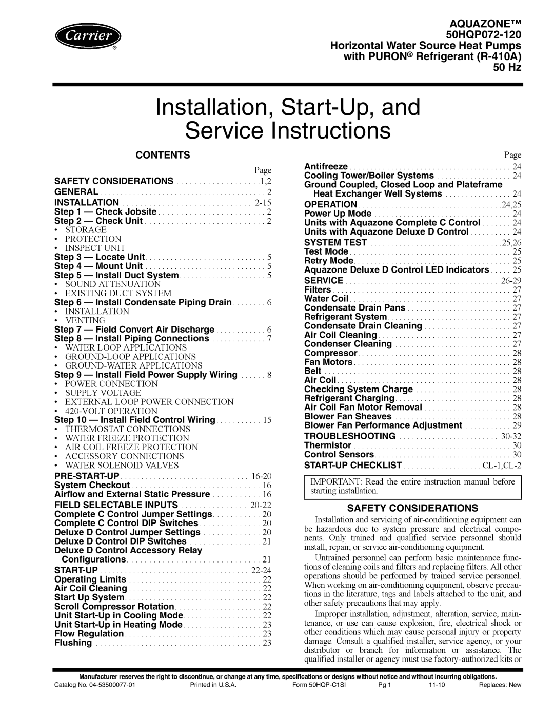 Carrier 50HQP072-120 specifications Contents, Safety Considerations 