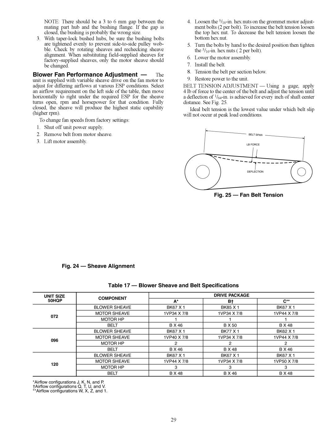 Carrier 50HQP072-120 specifications Sheave Alignment, Unit Size Component Drive Package 50HQP 