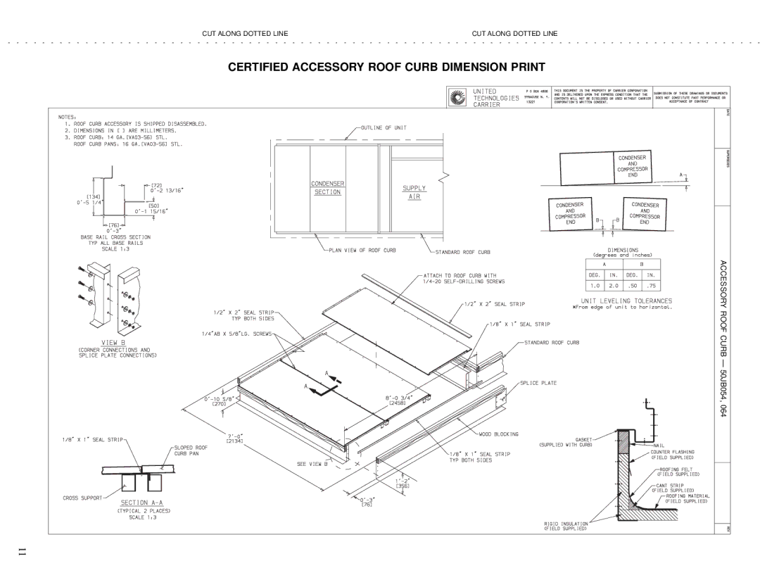 Carrier 50JB044, 50JB034, 50JB048, 50JB064, 50JB054, 50JB038 manual Certified Accessory Roof Curb Dimension Print 