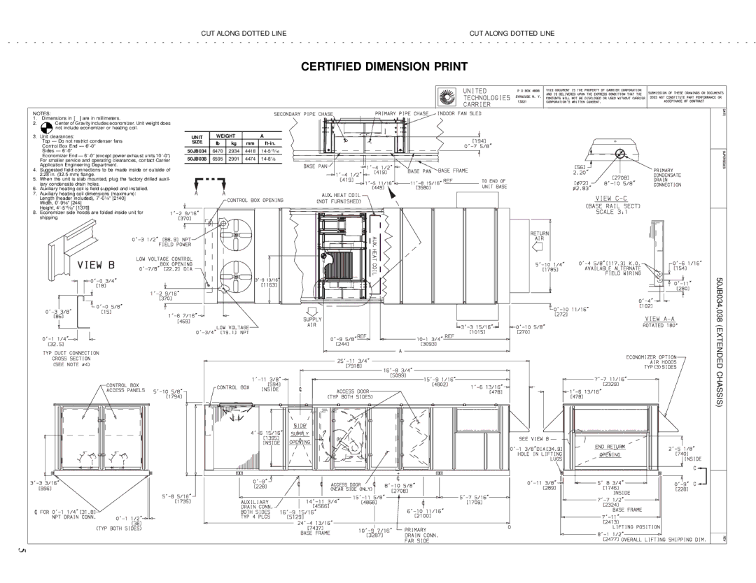 Carrier 50JB044, 50JB034, 50JB048, 50JB064, 50JB054, 50JB038 manual Certified Dimension Print 