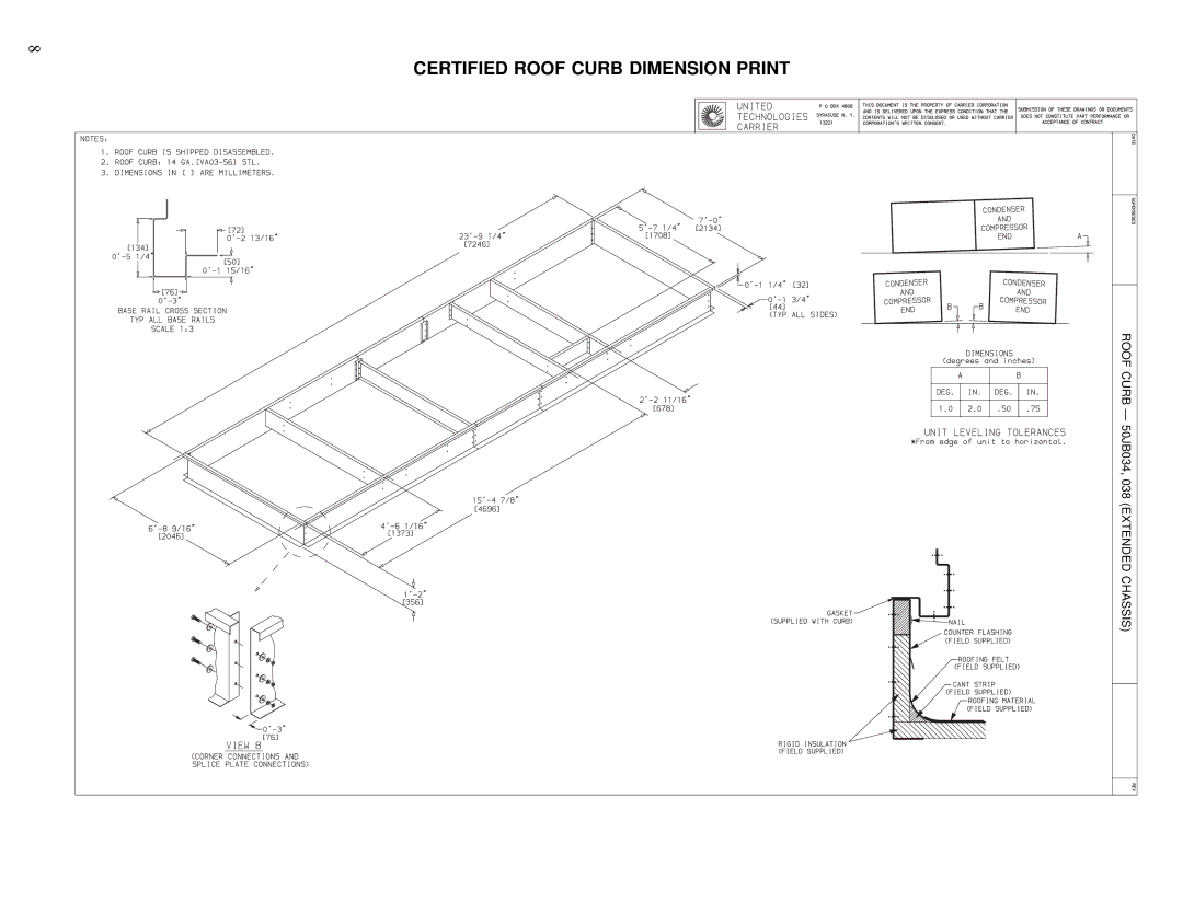 Carrier 50JB064, 50JB034, 50JB048, 50JB054, 50JB038, 50JB044 manual Certified Roof Curb Dimension Print 