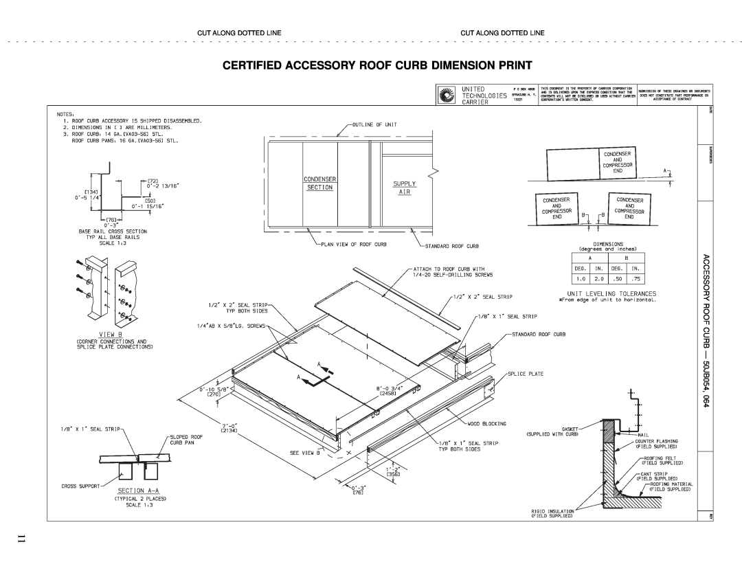 Carrier 50JB044, 50JB034, 50JB048, 50JB064 manual Certified Accessory Roof Curb Dimension Print, ACCESSORY ROOF CURB Ð 50JB054 