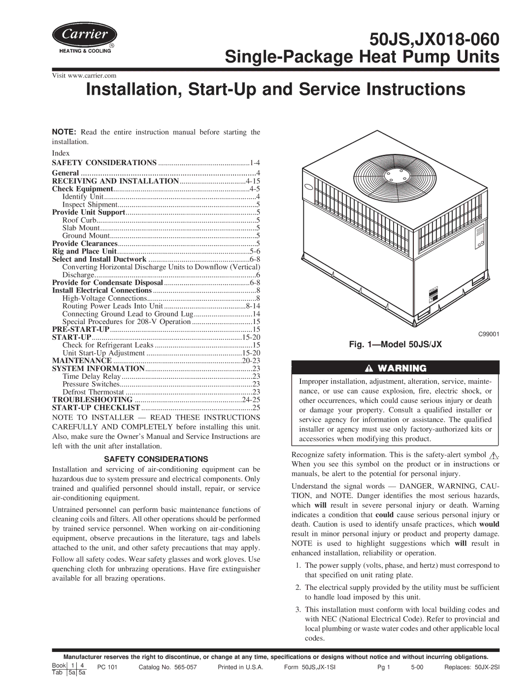 Carrier 50JS instruction manual Receiving and Installation, Maintenance, Troubleshooting, Safety Considerations 