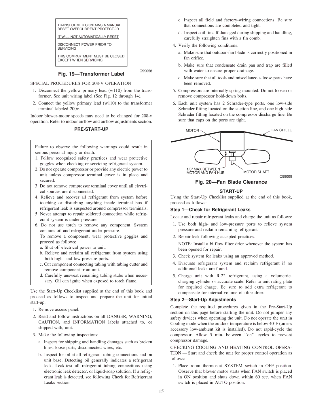 Carrier 50JS Special Procedures for 208-V Operation, Pre-Start-Up, ÐCheck for Refrigerant Leaks, ÐStart-Up Adjustments 