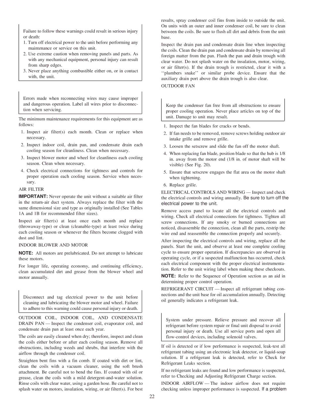 Carrier 50JS instruction manual AIR Filter, Indoor Blower and Motor, Outdoor FAN 