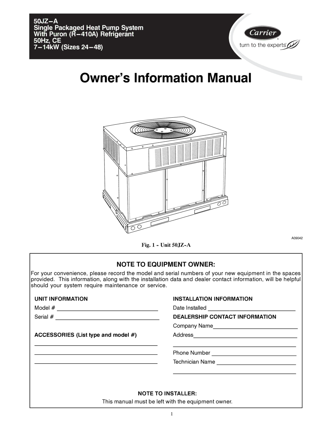 Carrier 50JZ-A manual Owner’s Information Manual 