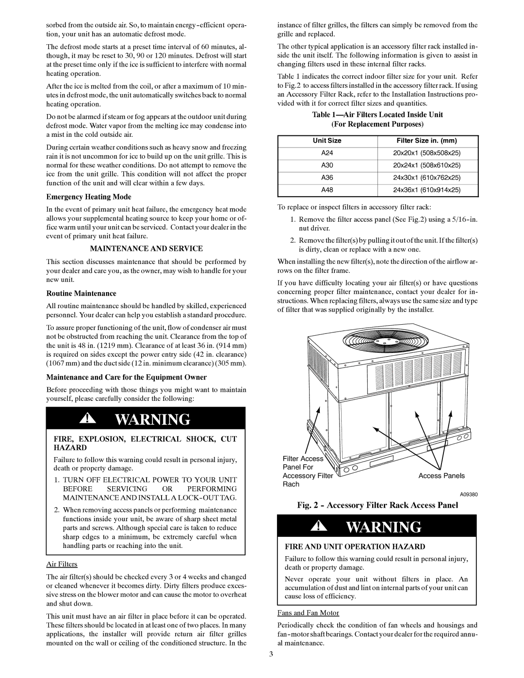 Carrier 50JZ-A Maintenance and Service, FIRE, EXPLOSION, Electrical SHOCK, CUT Hazard, Fire and Unit Operation Hazard 