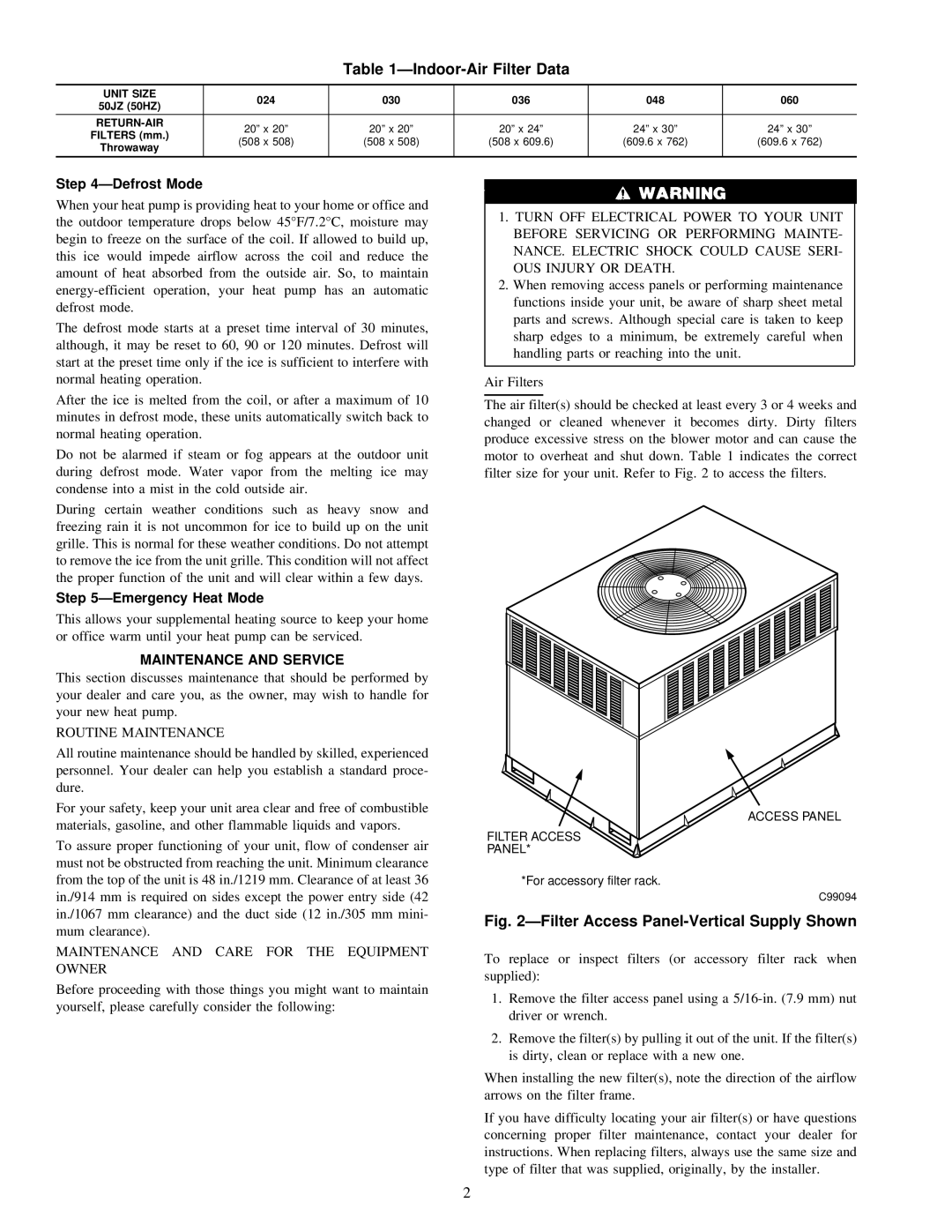 Carrier 50JZ instruction manual ÐDefrost Mode, ÐEmergency Heat Mode, Maintenance and Service, Routine Maintenance 