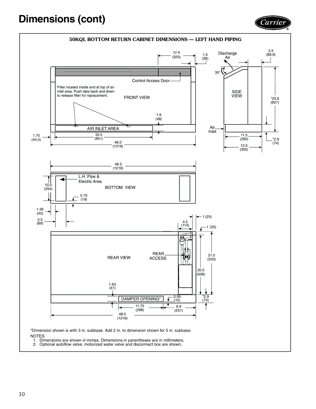 Carrier 50KQL-1PD manual 50KQL Bottom Return Cabinet Dimensions Left Hand Piping, Rear View Access Damper OP Ening 