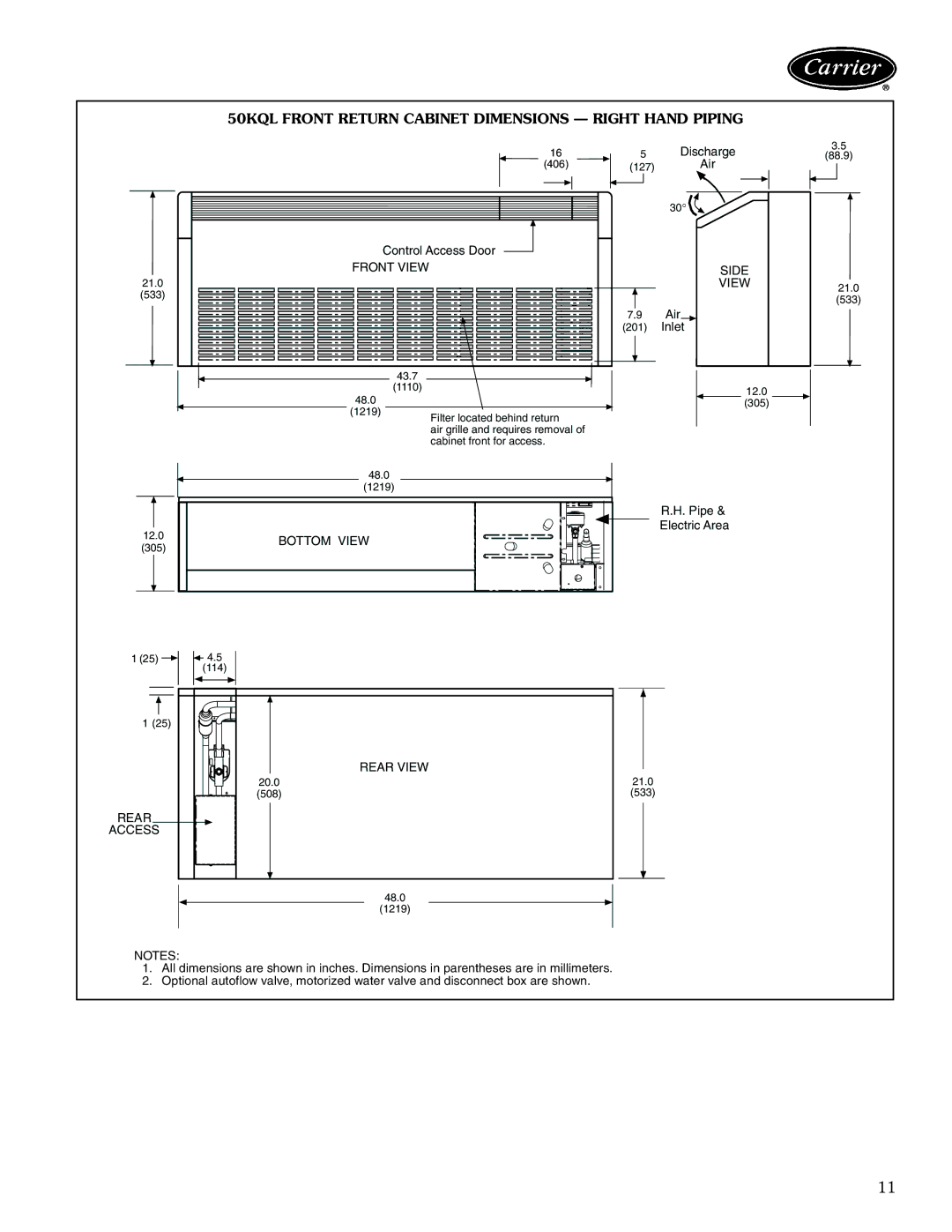 Carrier 50KQL-1PD manual 50KQL Front Return Cabinet Dimensions Right Hand Piping, Rear Access 