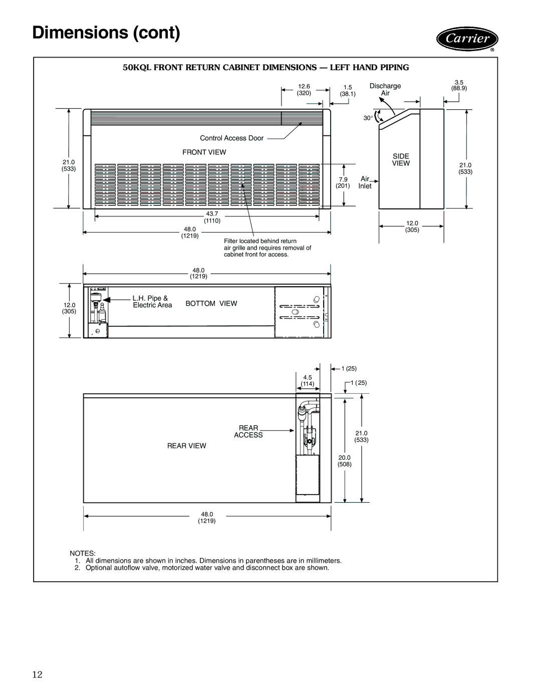 Carrier 50KQL-1PD manual 50KQL Front Return Cabinet Dimensions Left Hand Piping, Rear Access Rear View 