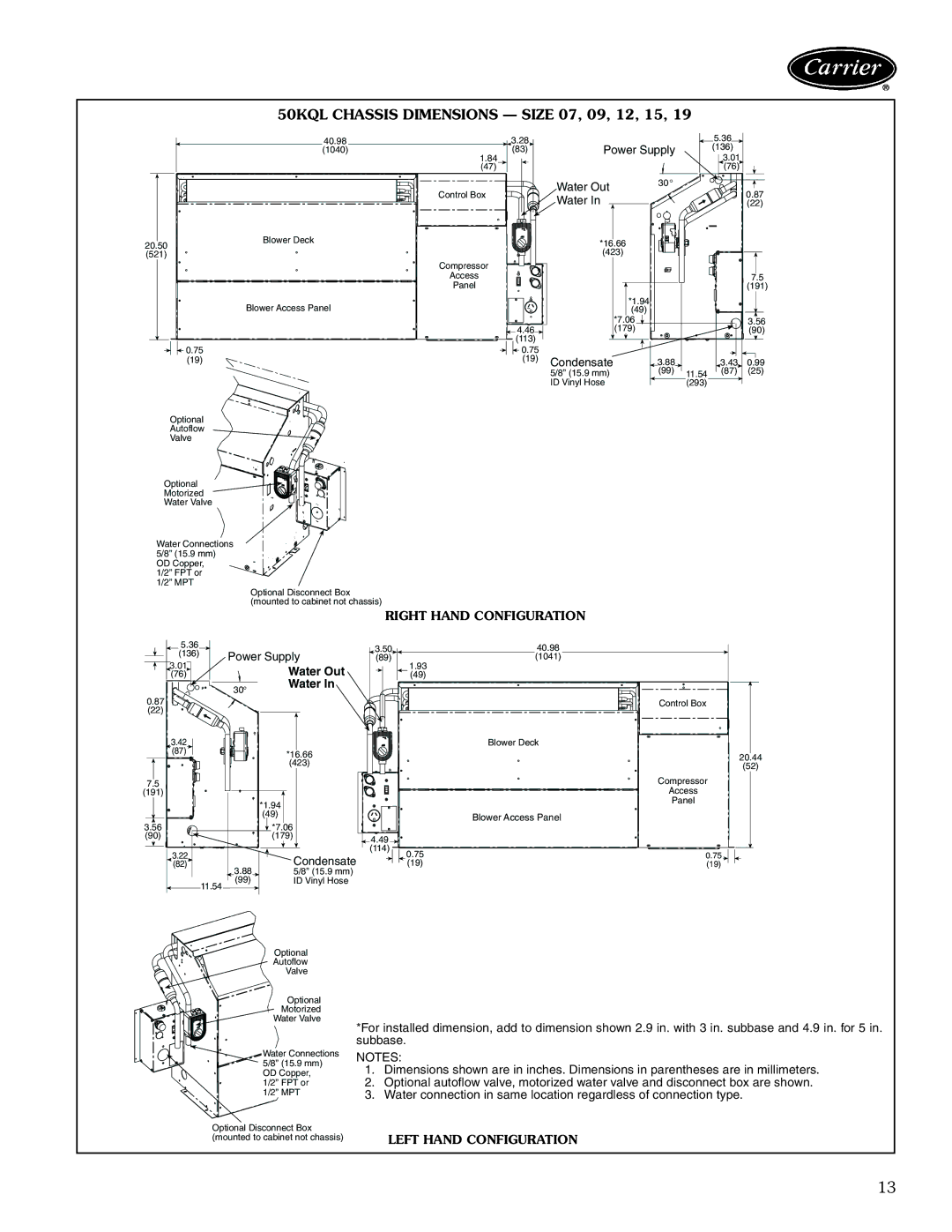 Carrier 50KQL-1PD manual 50KQL Chassis Dimensions Size 07, 09, 12, 15 