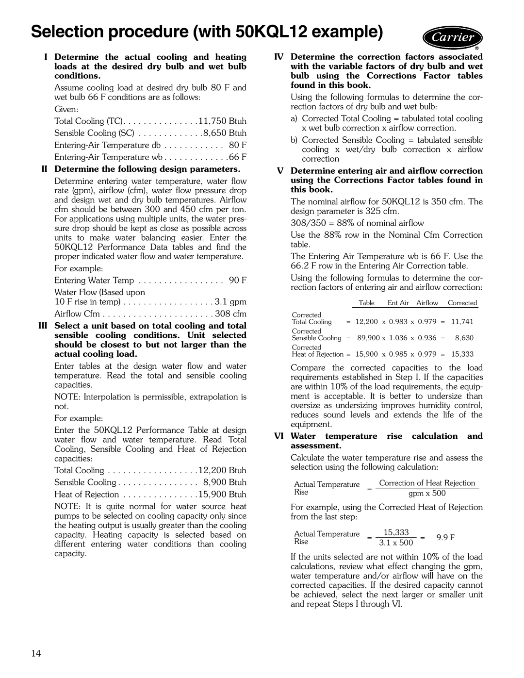 Carrier 50KQL-1PD manual Selection procedure with 50KQL12 example 