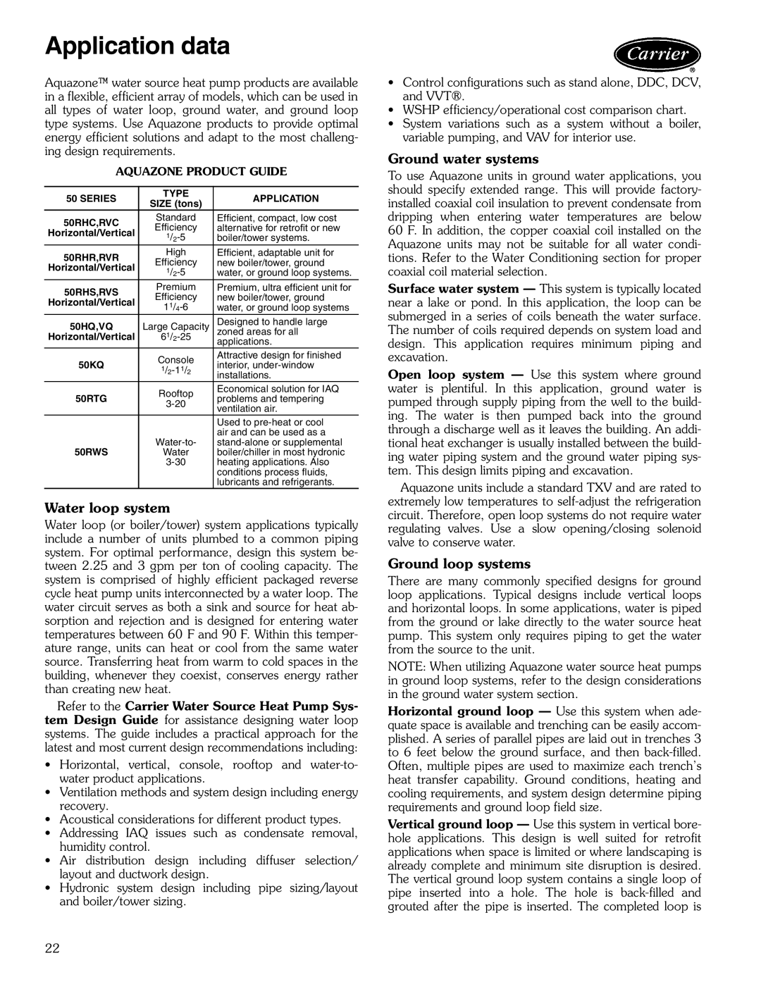 Carrier 50KQL-1PD Application data, Water loop system, Ground water systems, Ground loop systems, Aquazone Product Guide 