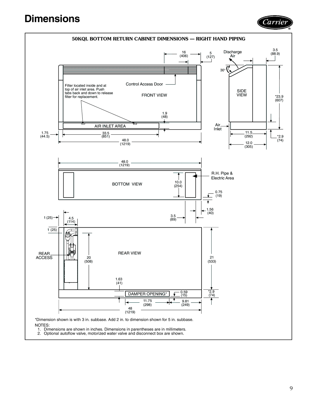 Carrier 50KQL-1PD manual 50KQL Bottom Return Cabinet Dimensions Right Hand Piping 