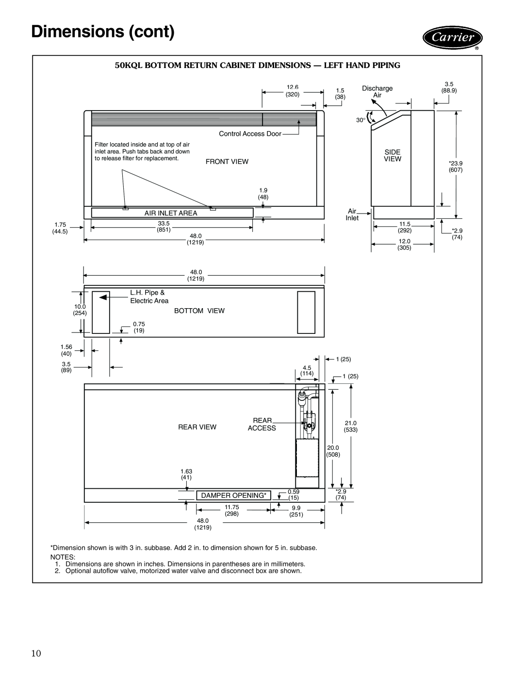 Carrier 50KQL-1PD manual Dimensions cont, 50KQL BOTTOM RETURN CABINET DIMENSIONS - LEFT HAND PIPING 
