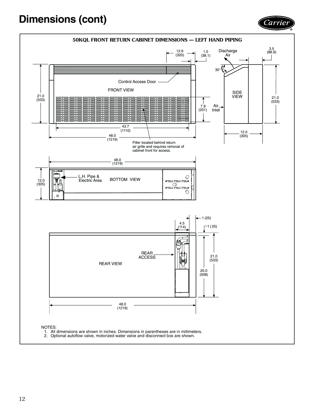 Carrier 50KQL-1PD manual Dimensions cont, 50KQL FRONT RETURN CABINET DIMENSIONS - LEFT HAND PIPING 