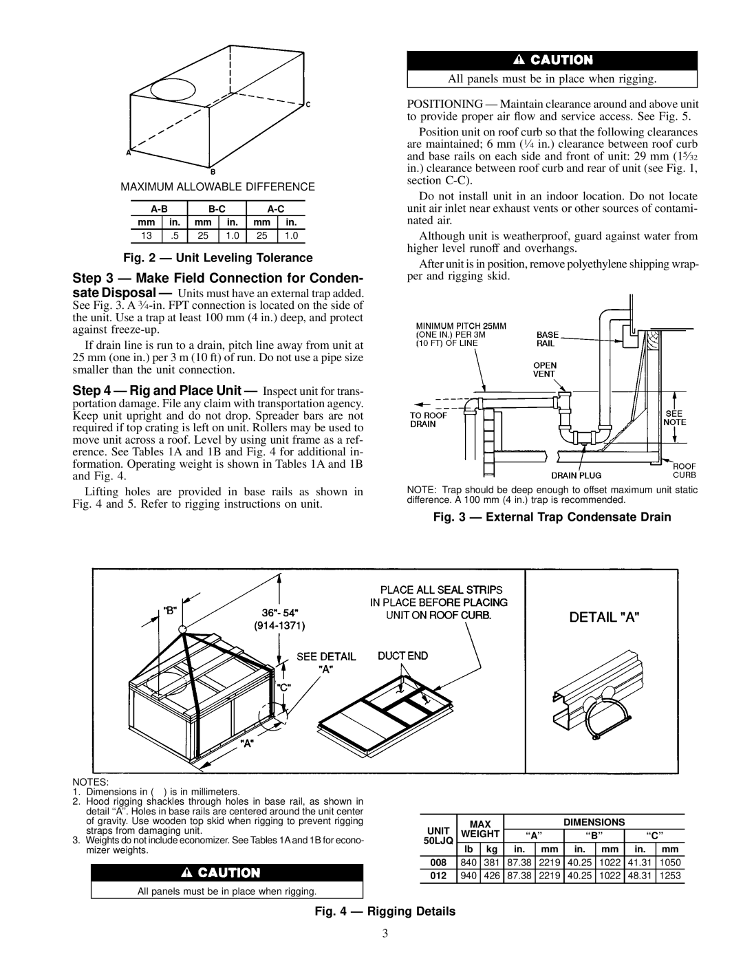 Carrier 012, 50LJQ008 installation instructions Unit MAX Dimensions Weight 